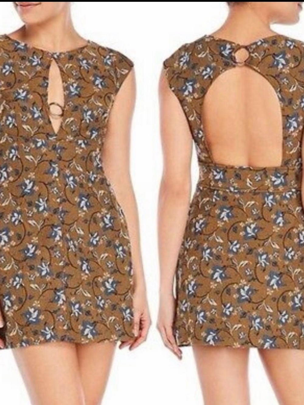 Free People Say Yes Floral Cutout Cap-Sleeve Dress Mustard Brown Blue Coquette 4